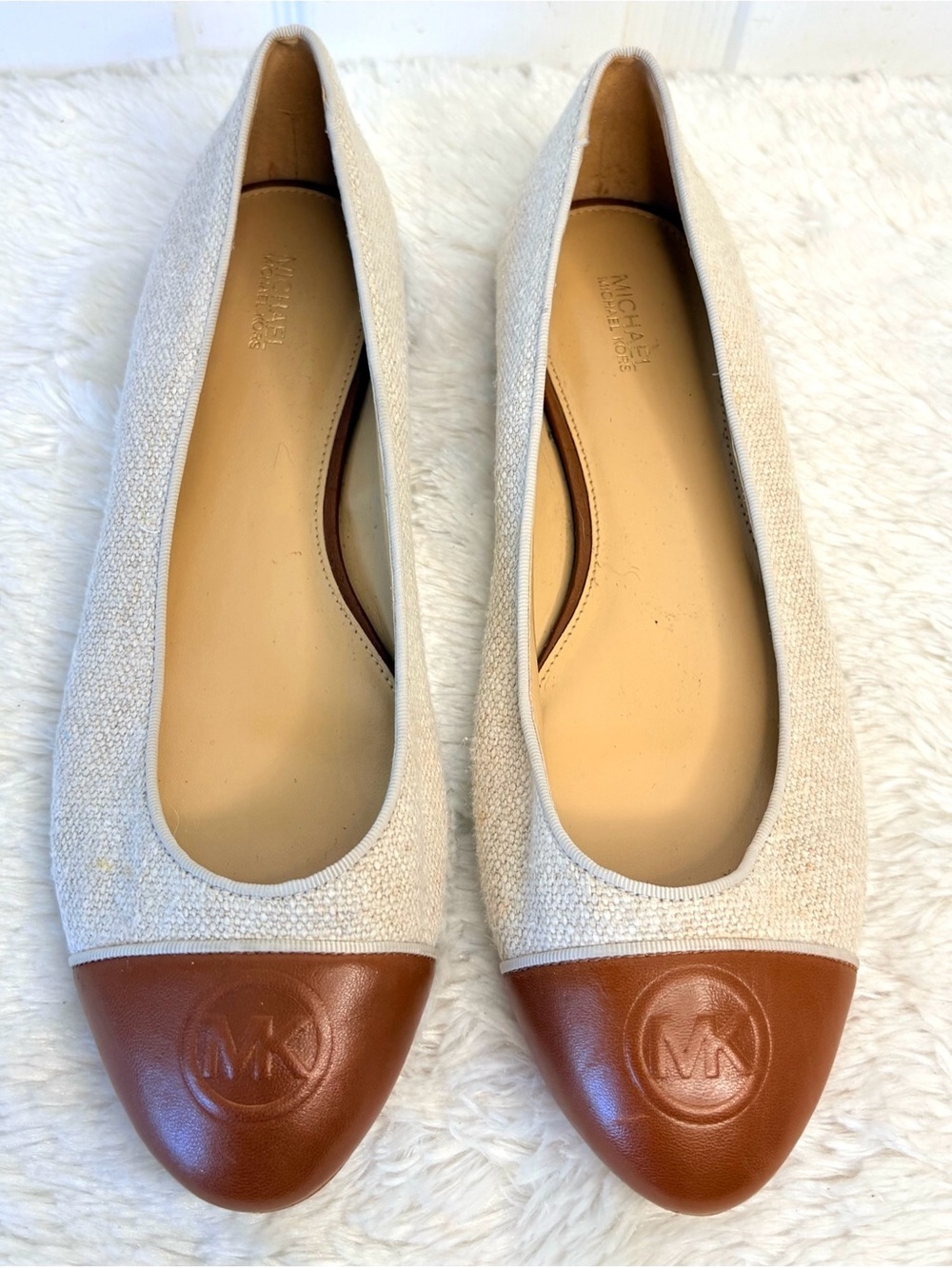 Michael Kors Dylyn MK Logo Ballet Flats Sz 10 Hemp Color Tan Brown retail 199.00